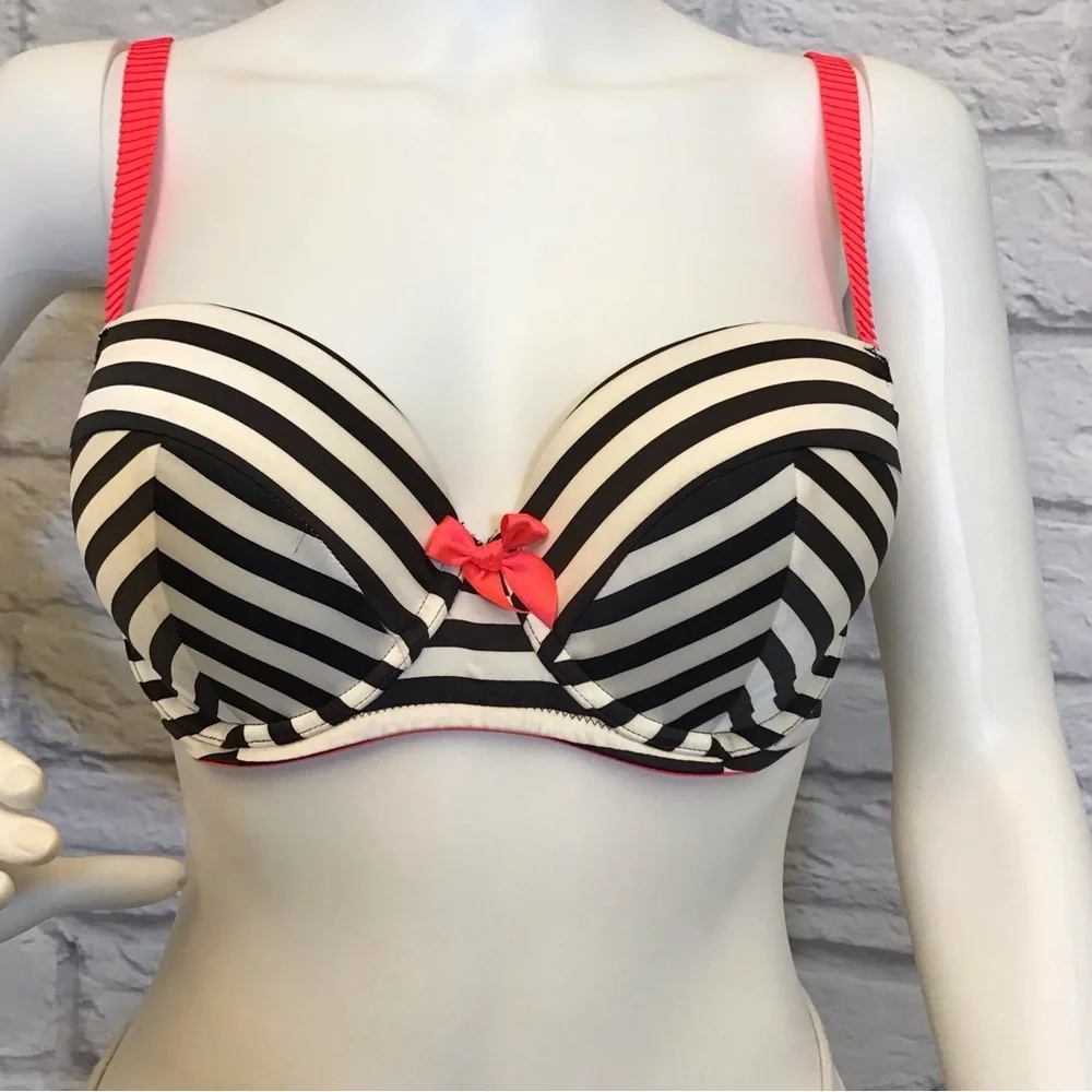 Victoria’s Secret 34D Very Sexy Balconet Striped Black and White Bra Hot Pink - Picture 2 of 9